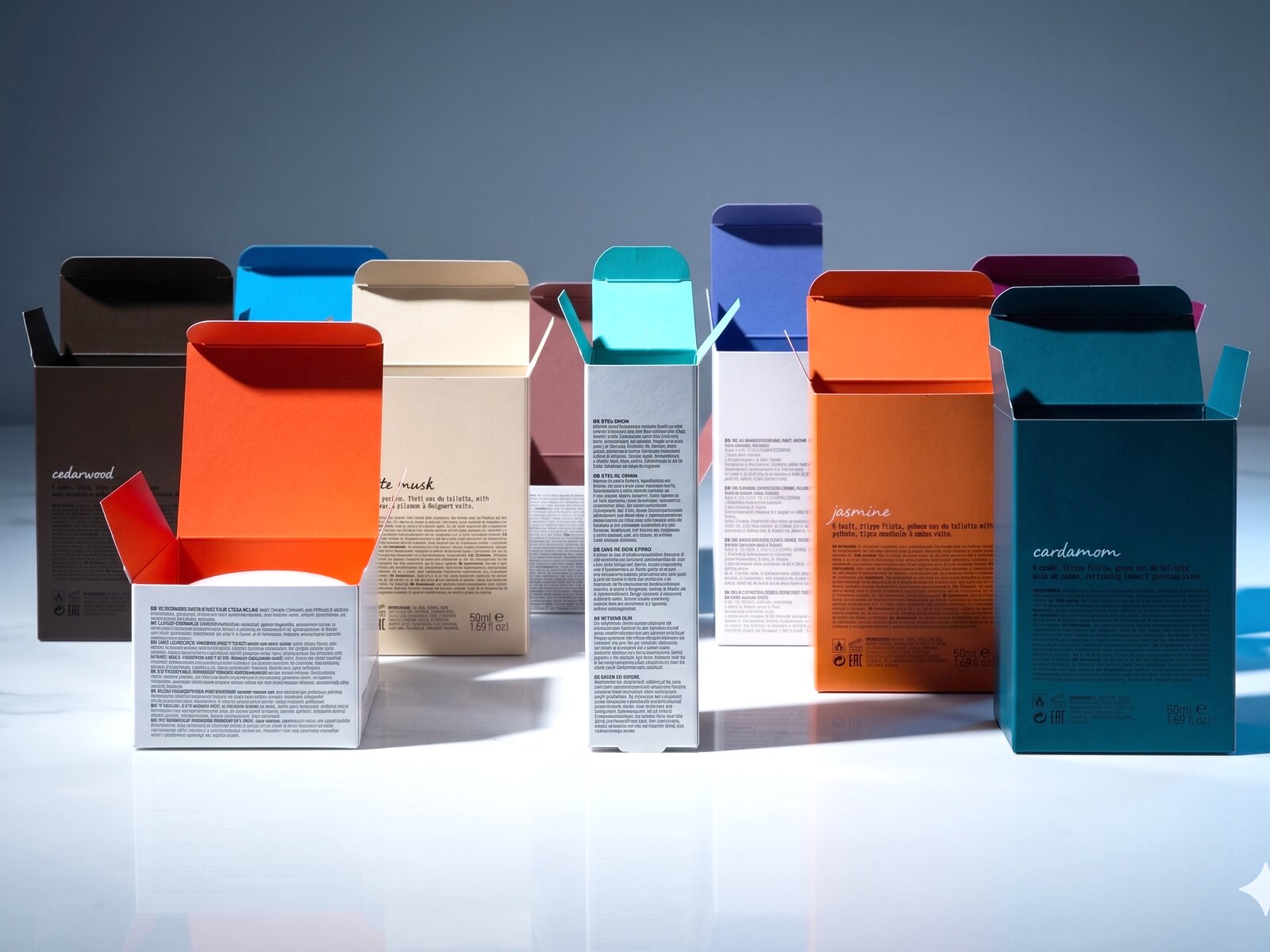 Lineup of premium retail folding cartons in cedarwood brown, blue, cream, orange, jasmine, and cardamom teal — soft-touch matte finish with spot Pantone